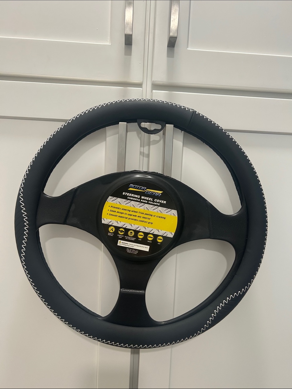 Motor Gear Black Steering Wheel Cover with White Stitching